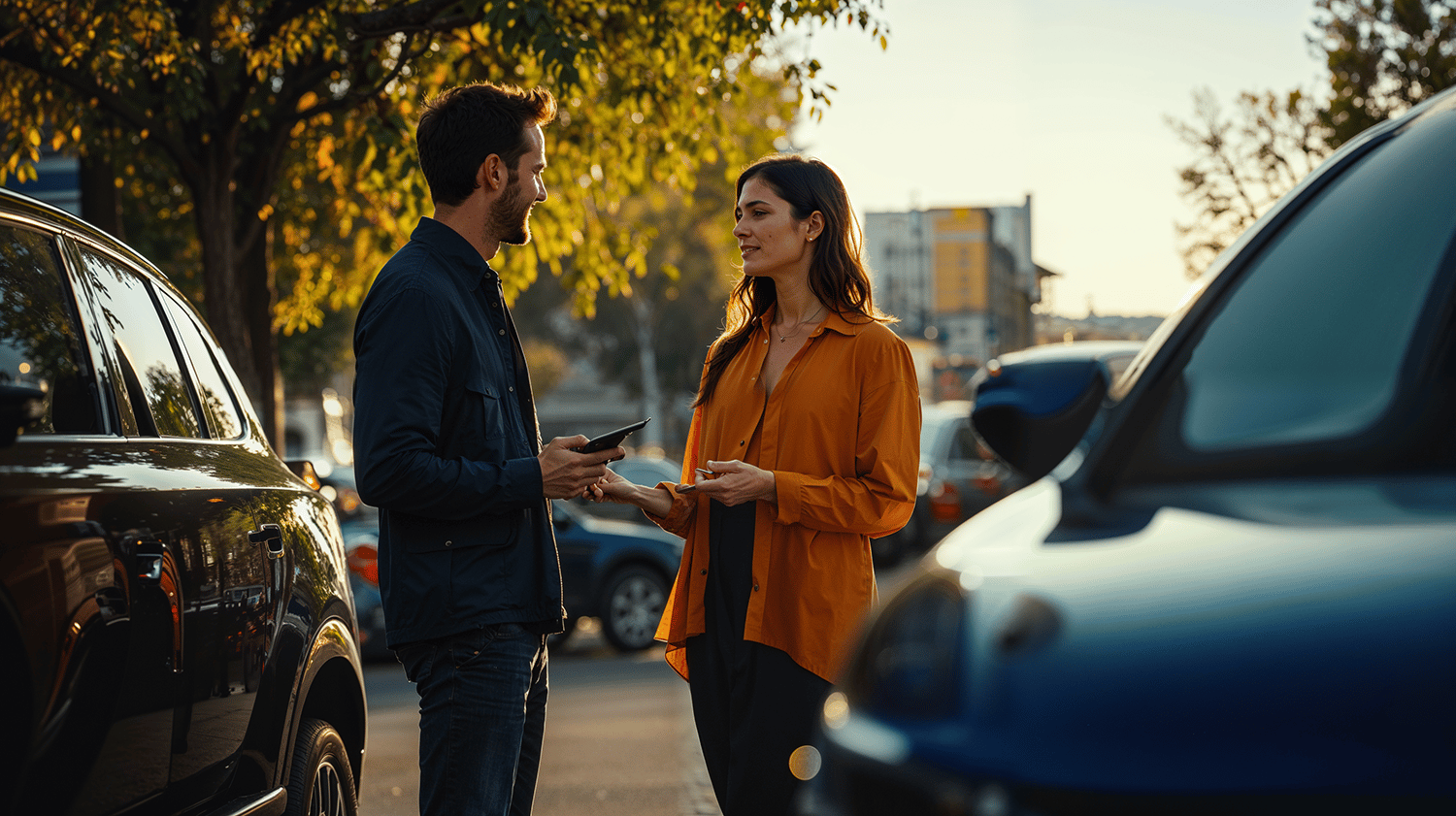 Verkoopadviseur en klant buiten